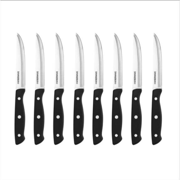 Farberware 8-Piece Stamped Triple Rivet Steak Knife Set 4.5" High-Carbon Stainless Steel Blades for Dining, Grilling & Table Service, Durable Kitchen Cutlery for Everyday Use (Black)