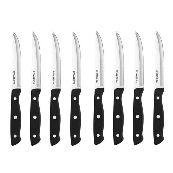 Farberware 8-Piece Stamped Triple Rivet Steak Knife Set 4.5" High-Carbon Stainless Steel Blades for Dining, Grilling & Table Service, Durable Kitchen Cutlery for Everyday Use (Black)