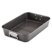 Farberware Bakeware Roasting Pan with Removable Flat Rack - 10.5x15 Inches, Dishwasher Safe, Oven-Safe to 450°F, Non-Stick Finish, Gray