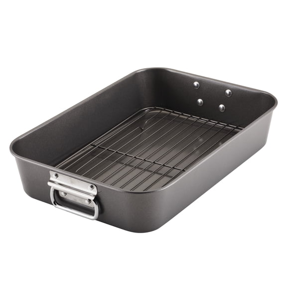 Farberware Bakeware Roasting Pan with Removable Flat Rack - 10.5x15 Inches, Dishwasher Safe, Oven-Safe to 450F, Non-Stick Finish, Gray