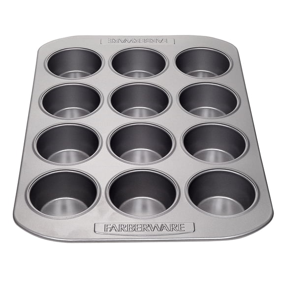 Farberware Bakeware 12 Cup Nonstick Muffin Pan, Dishwasher Safe and Oven Safe to 450°F, Gray
