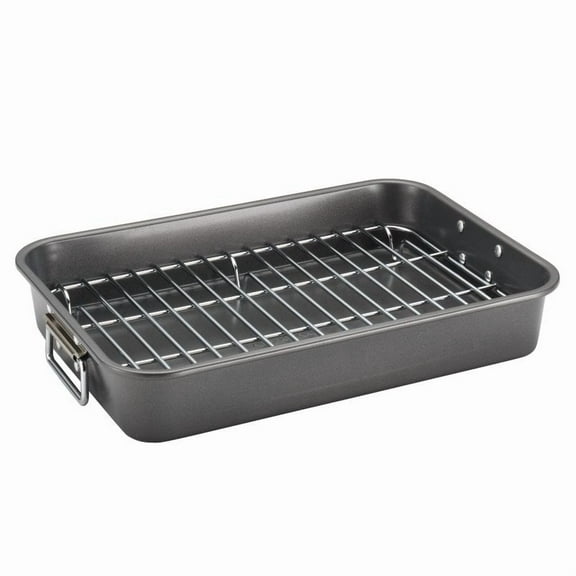 Farberware Bakeware 11x15 Inch Nonstick Roaster with Flat Rack, Dishwasher Safe and Oven Safe to 450F, Gray