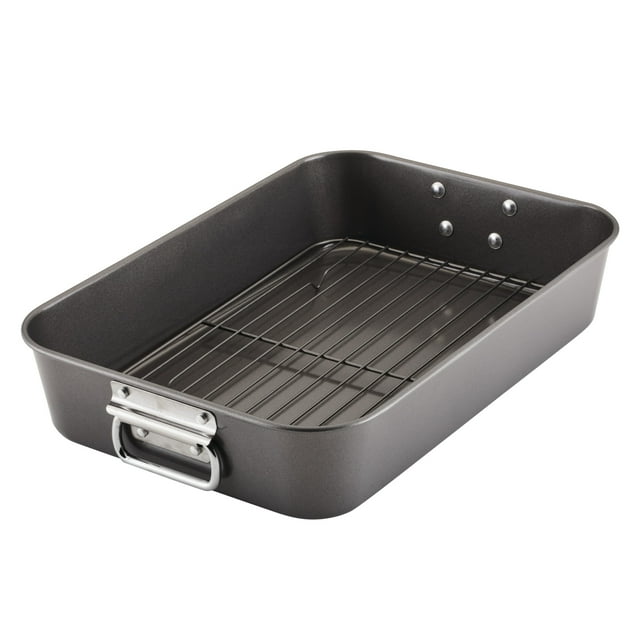 Farberware Bakeware Nonstick Steel Roaster with Removable Flat Rack, 10.5 inch x 15 inch, Gray