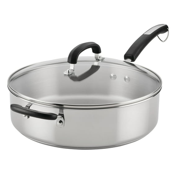 Farberware Brilliance 6 Quart Saute Pan with Lid and Helper Handle, Induction Compatible, Metal Utensil and Dishwasher Safe, Stainless Steel