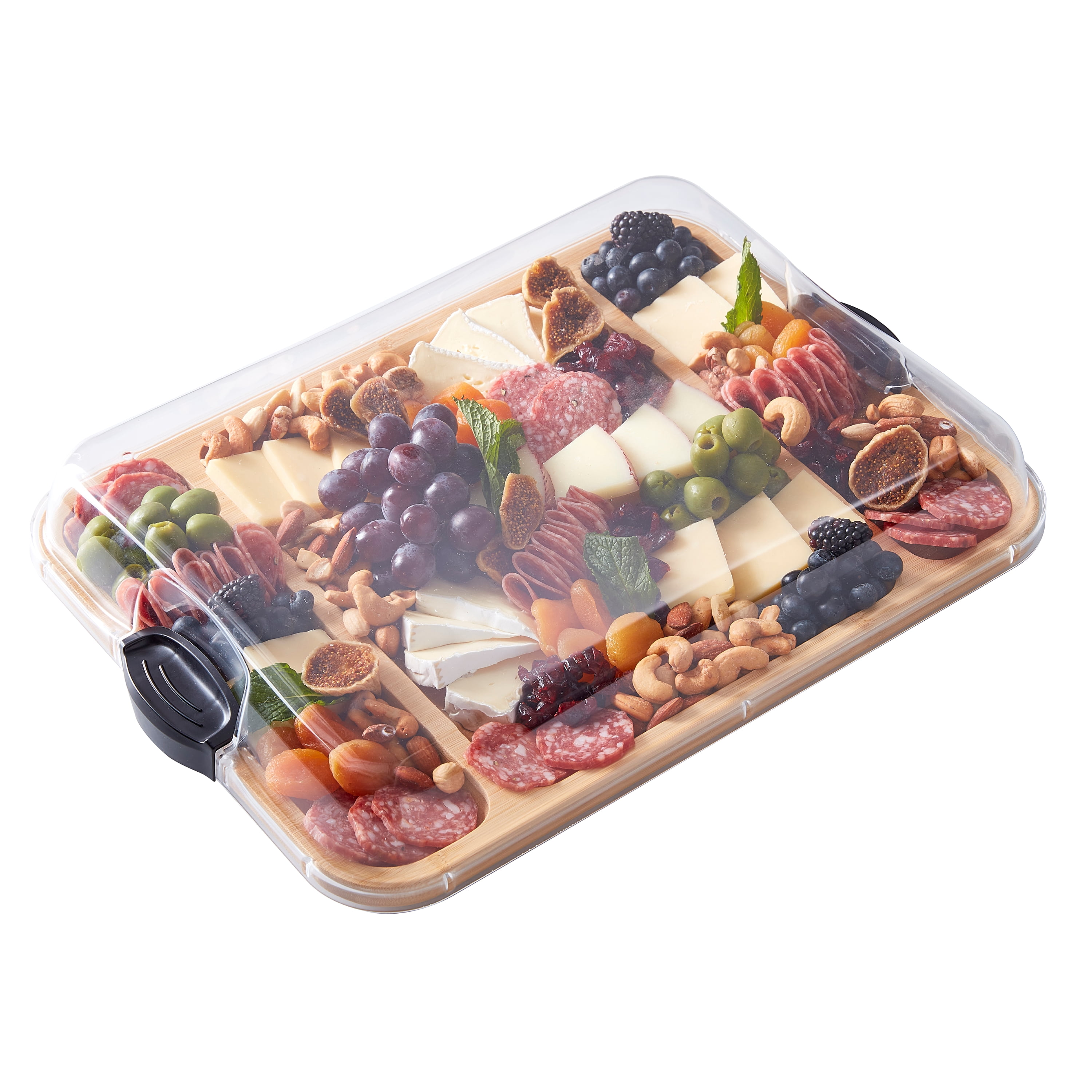 Farberware Build-a-Board 12x16-Inch Bamboo Charcuterie and Snack Board with 3 Compartments and Clear Locking Lid
