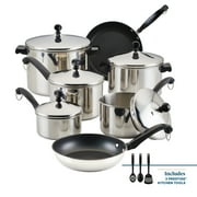 Farberware Classic Series 15 Pcs Stainless Steel and Nonstick Cookware Set with Cooking Tools, Induction Compatible, Metal Utensil and Dishwasher Safe, Stainless Steel