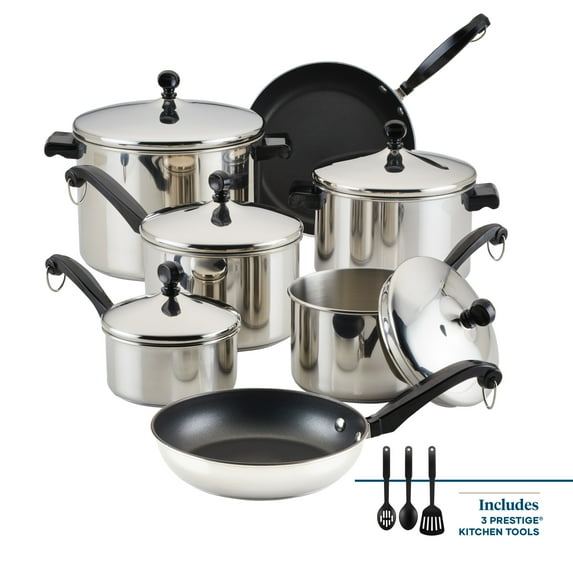 Farberware Classic Series 15 Pcs Stainless Steel and Nonstick Cookware Set with Cooking Tools, Induction Compatible, Metal Utensil and Dishwasher Safe, Stainless Steel