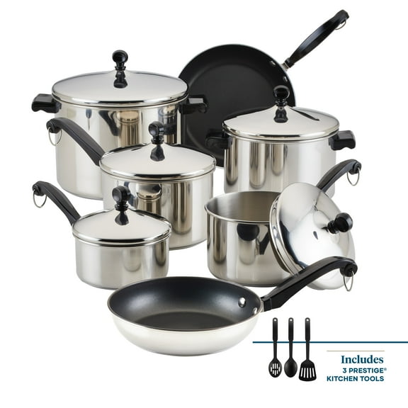 Farberware Classic Series 15 Pcs Stainless Steel and Nonstick Cookware Set with Cooking Tools, Induction Compatible, Metal Utensil and Dishwasher Safe, Stainless Steel