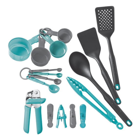 Farberware Classic 17-piece Tool and Gadget Box Set, Aqua, and Gray