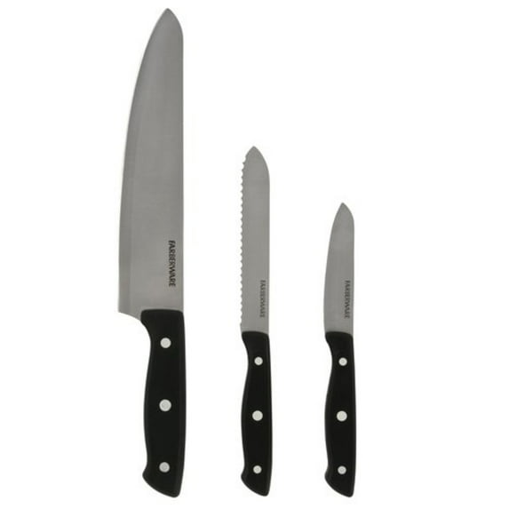 Farberware Classic 3-piece Stamped Full Tang Triple Riveted Chef Knife Set with Black Handle