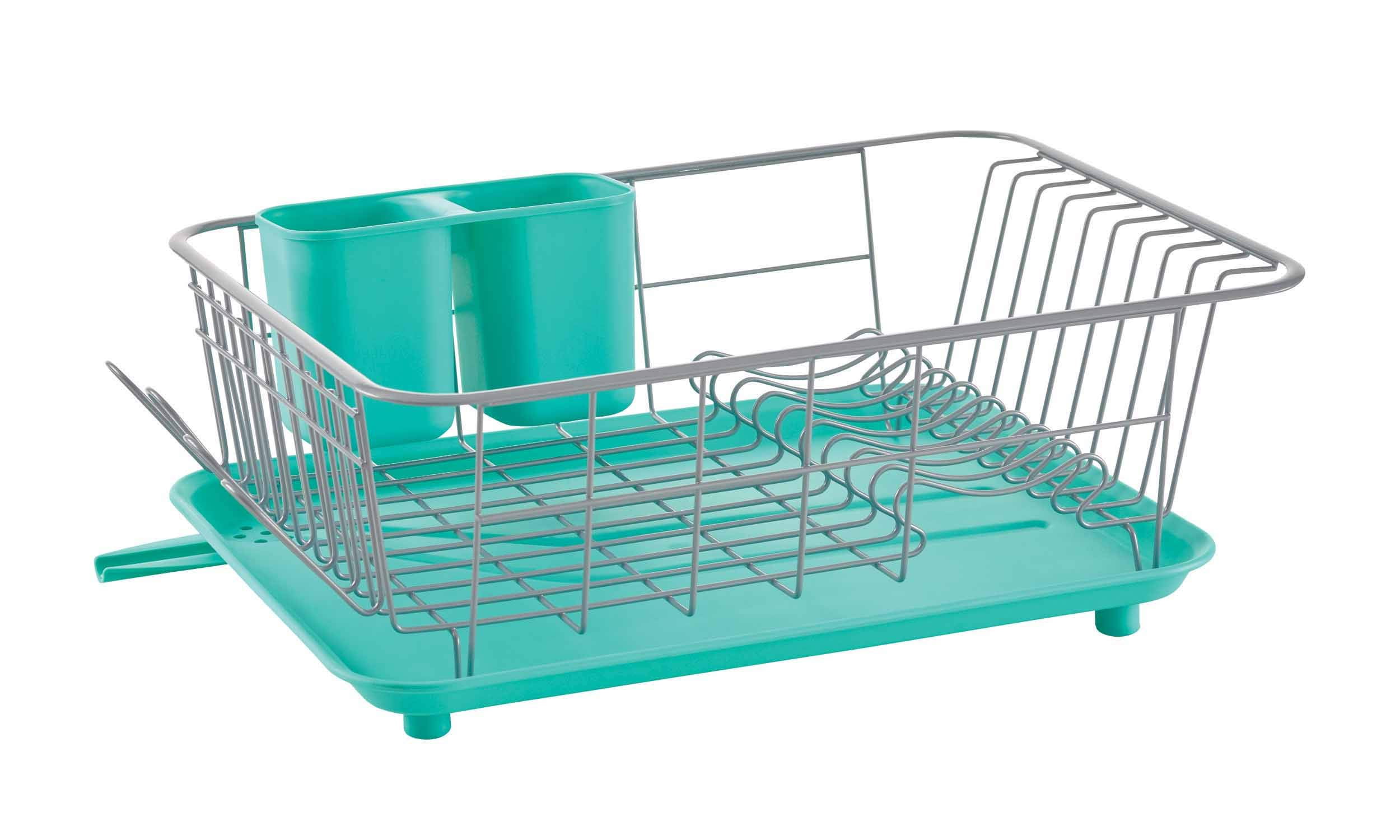 Aqua and Gray Compact Dish Rack with Utensil Holder