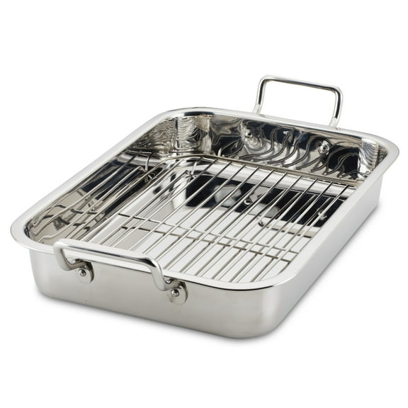 Farberware Classic Series 17x12.25 Inch Stainless Steel Roaster with Rack, Dishwasher Safe and Oven Safe to 500F, Stainless Steel