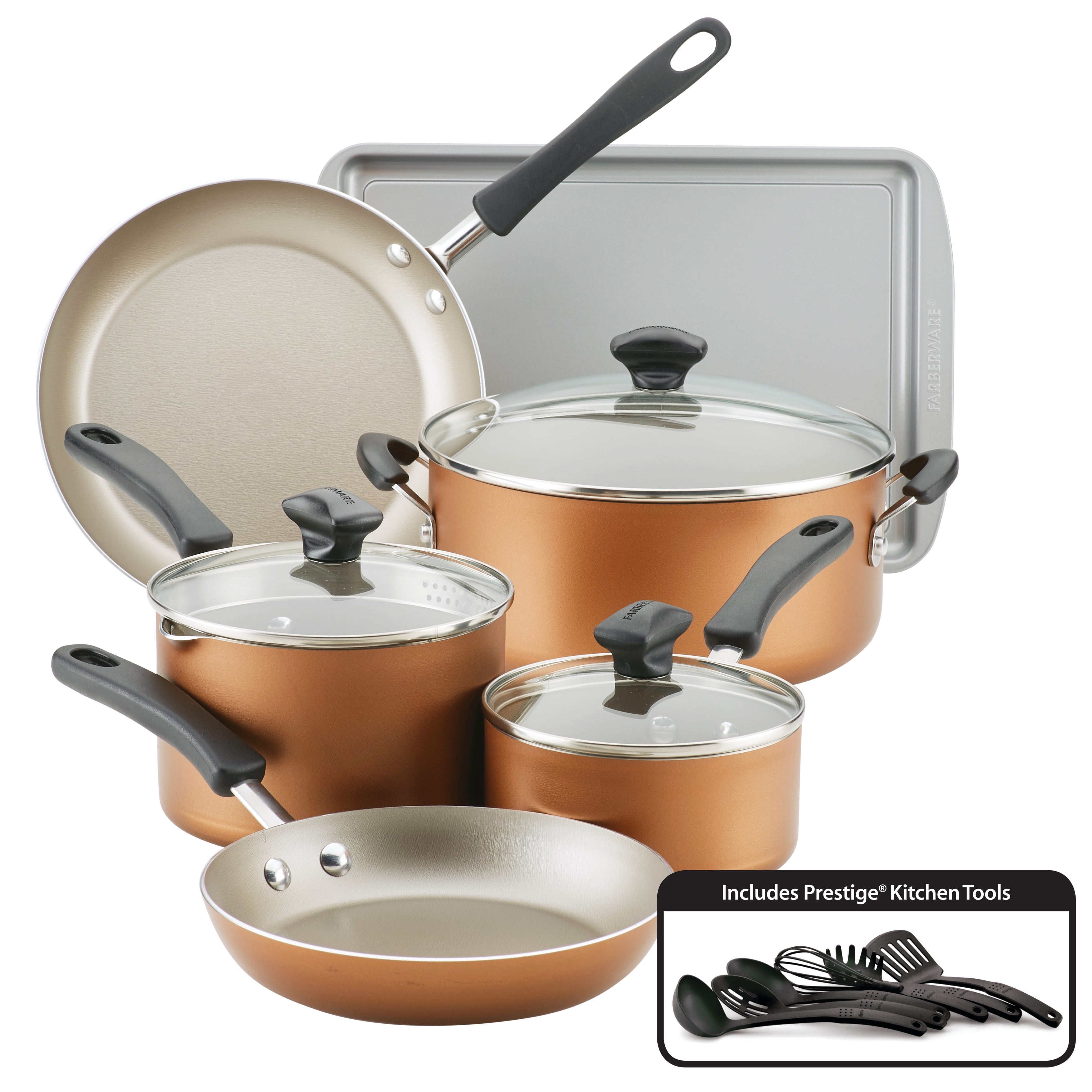 Farberware 15-Piece Blue Aluminum Nonstick Cookware Set with Plastic Handles