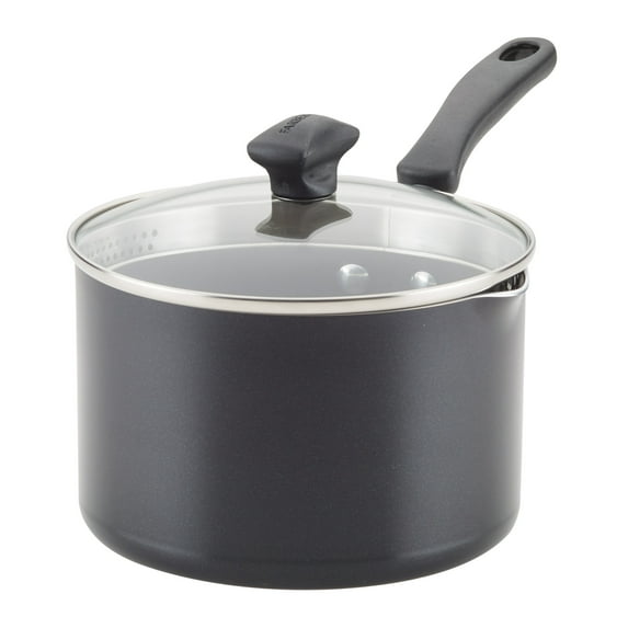 Farberware Cookstart Aluminum DiamondMax Nonstick Straining Saucepan, 3-Quart, Black