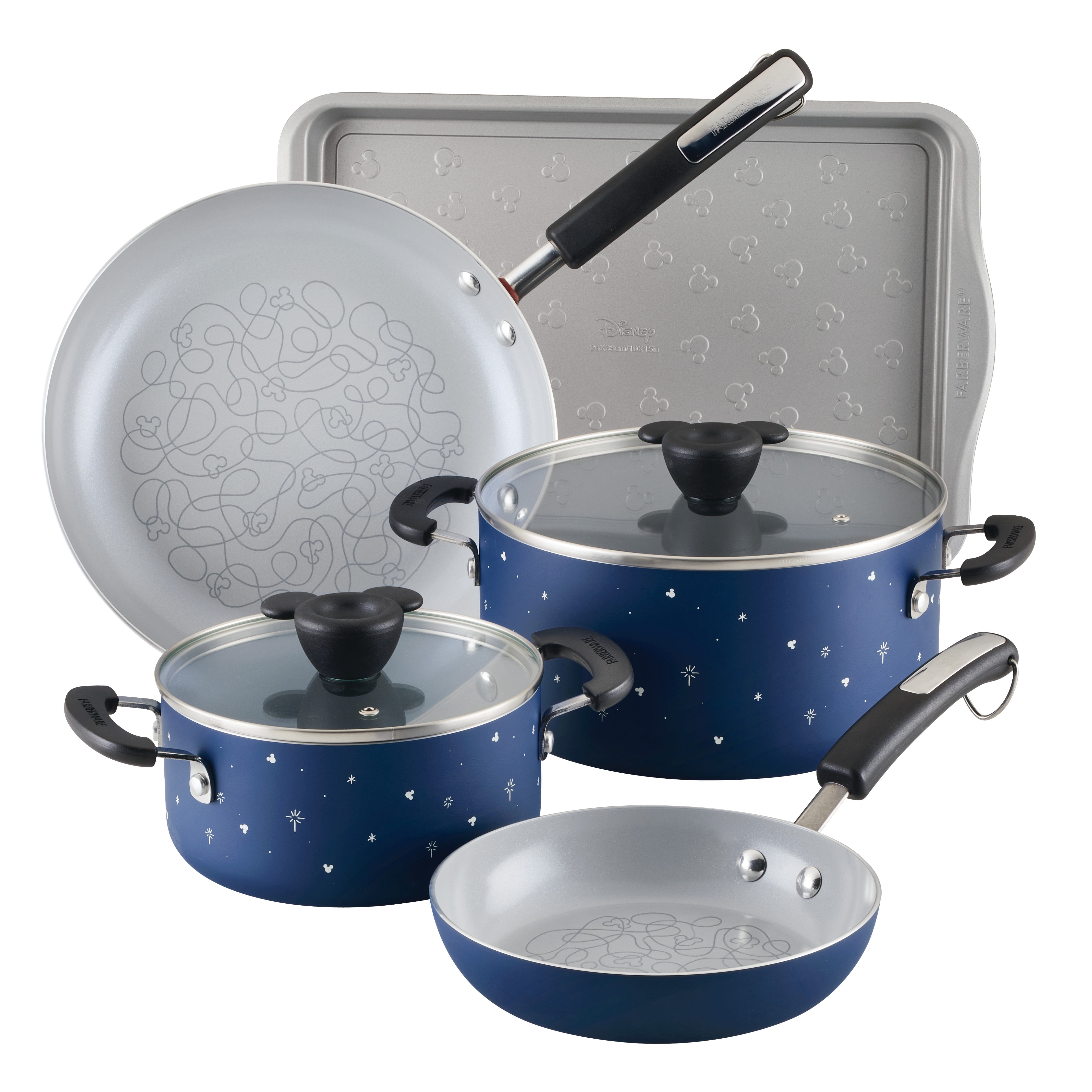 Farberware Disney Bon Voyage 7 Pcs Ceramic Nonstick Cookware Set with Cookie Pan / Baking Sheet Pan, Dishwasher Safe, Blue