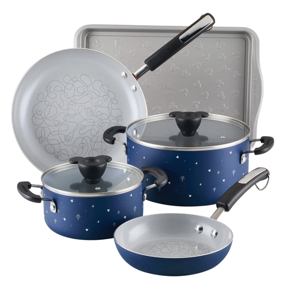Farberware Disney Bon Voyage 7 Pcs Ceramic Nonstick Cookware Set with Cookie Pan / Baking Sheet Pan, Dishwasher Safe, Blue