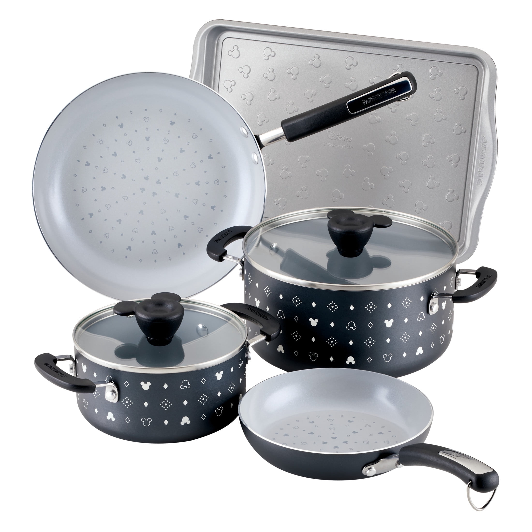 Farberware Disney Monochrome 7-Piece Ceramic Nonstick Cookware Set with Cookie Sheet, Black