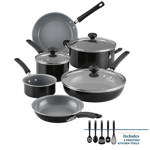 Farberware Easy Clean Pro 14 Pcs Ceramic Nonstick Cookware Set with Cooking Tools, Dishwasher Safe, Black