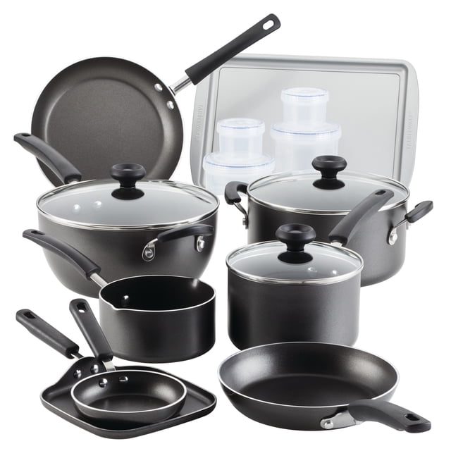 Farberware Easy Clean Aluminum 20-Piece Nonstick Cookware Set with Food Storage Containers, Gray