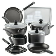 Farberware Easy Clean 20 Pcs Nonstick Cookware Set and Glass Lids with Cooking Tools and Food Storage Containers, Dishwasher Safe, Gray
