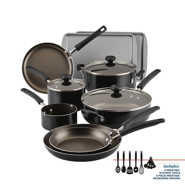 Farberware Easy Clean 22-Piece Nonstick Cookware Set with Griddle, Dishwasher Safe, Black