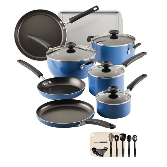 Farberware Easy Clean 24 Piece Aluminum Nonstick Cookware Pots and Pans Set, Blue