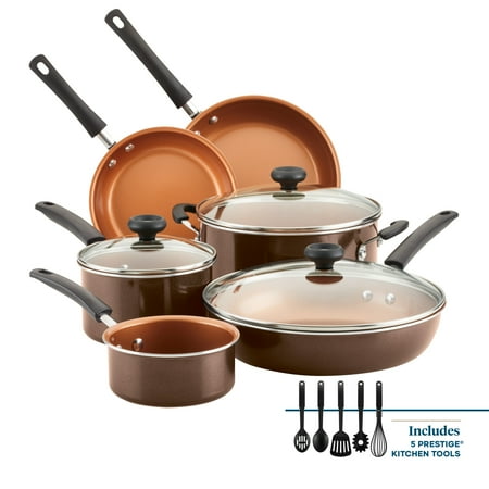 Farberware Easy Clean 14 Pcs Ceramic Nonstick Cookware Set with Cooking Tools, Dishwasher Safe, Brown