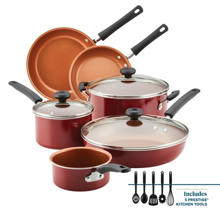 Farberware Easy Clean Pro 14 Pcs Ceramic Nonstick Cookware Set with Cooking Tools, Dishwasher Safe, Red