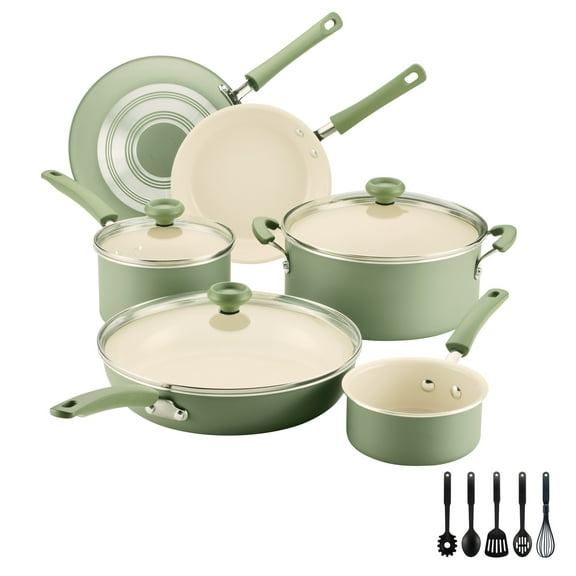 Farberware Easy Clean 14 Pcs Ceramic Nonstick Cookware Set with Cooking Tools, Dishwasher Safe, Green