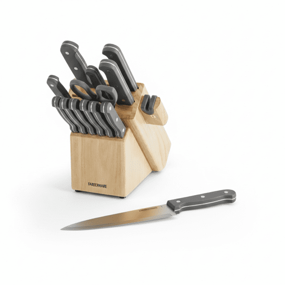 Farberware Edgekeeper 14 Piece Knife Block Set with Sharpener, Grey Handles