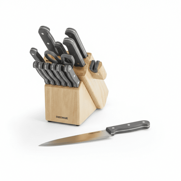 Farberware Edgekeeper 14 Piece Knife Block Set with Sharpener, Grey Handles