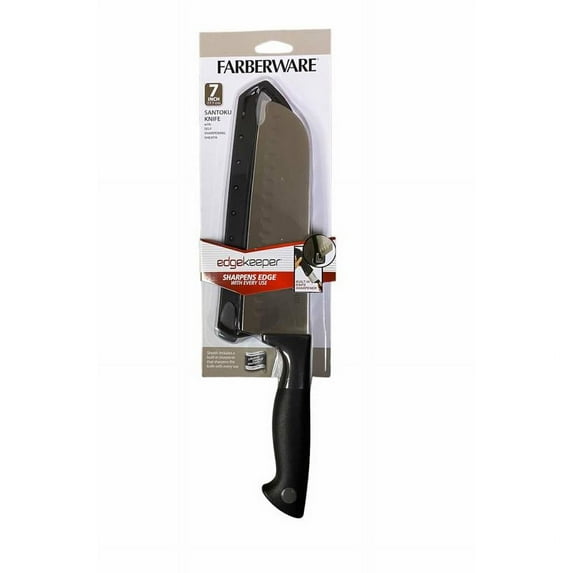 Farberware Edgekeeper 7-Inch Santoku Knife with Self-Sharpening Blade Cover, High Carbon-Stainless Steel Kitchen Knife with Ergonomic Handle, Razor-Sharp Knife, Black