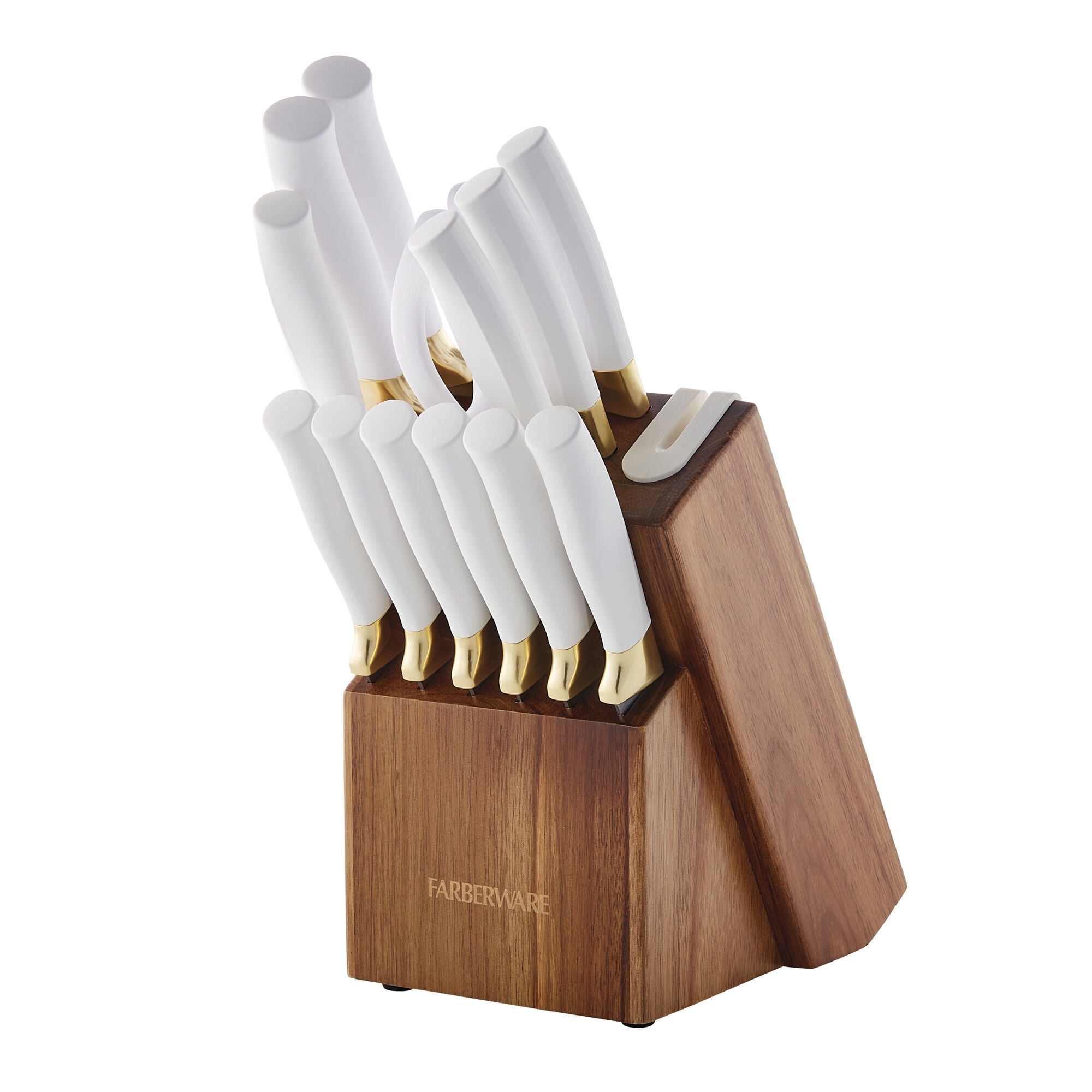 Farberware Edgekeeper Classic 14-Piece Knife Block Set with Built-In Knife Sharpener, White