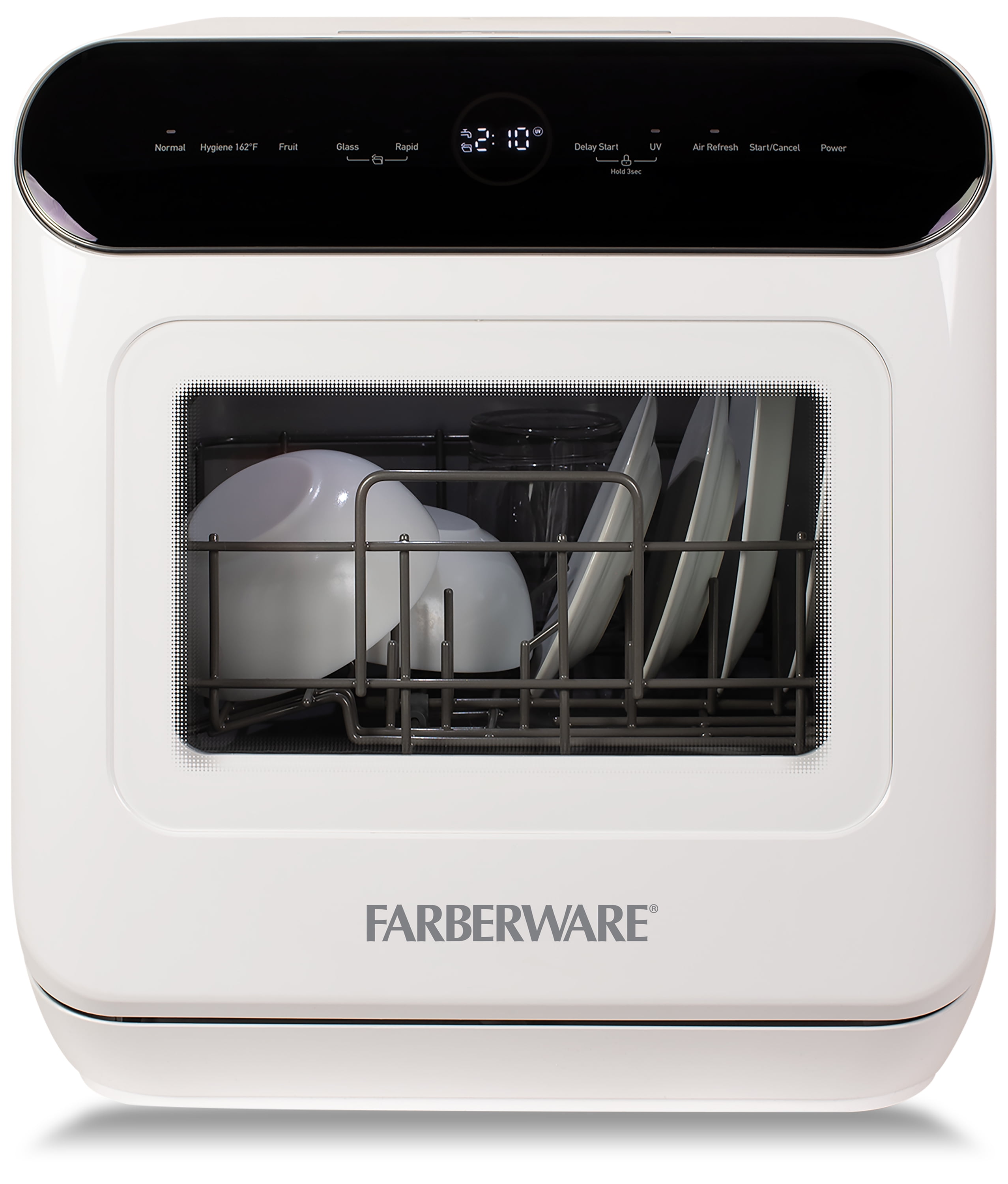 Farberware FCDMGDWH Complete Portable Countertop Dishwasher with UV Light 2  Place Settings, 5 Wash Programs, Glass Door, White 