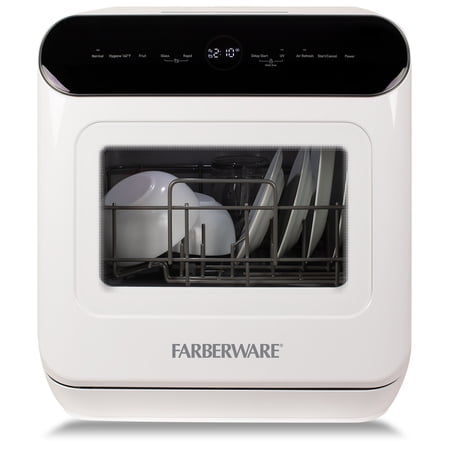 Farberware FCDMGDWH Complete Portable Countertop Dishwasher with UV Light 2 Place Settings, 5 Wash Programs, Glass Door, White
