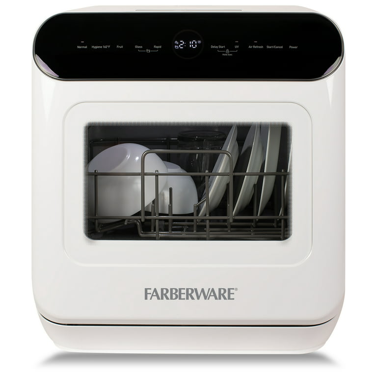 Farberware FCDMGDWH Complete Portable Countertop Dishwasher with UV Light 2  Place Settings, 5 Wash Programs, Glass Door, White 