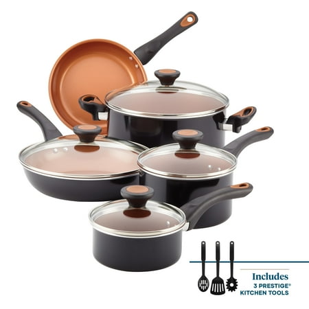 Farberware Glide Copper 12 Pcs Ceramic Nonstick Cookware Set with Cooking Tools, Dishwasher Safe, Black