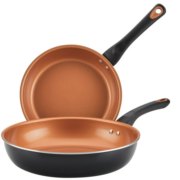 Farberware Glide Copper 2 Pcs Ceramic Nonstick Frying Pan Set, Dishwasher Safe, 9.25 Inch and 11.25 Inch, Black