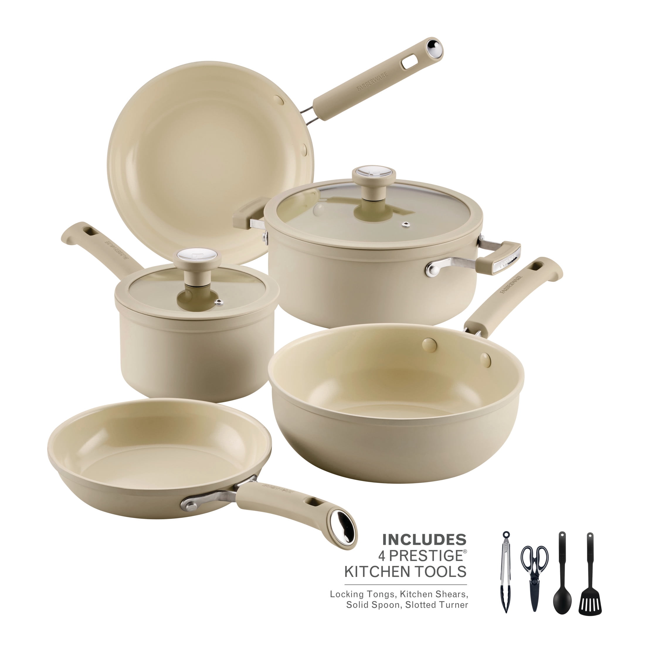 Farberware TrueCook 12pc Ceramic Cookware Set, Dishwasher and Oven Safe, Taupe