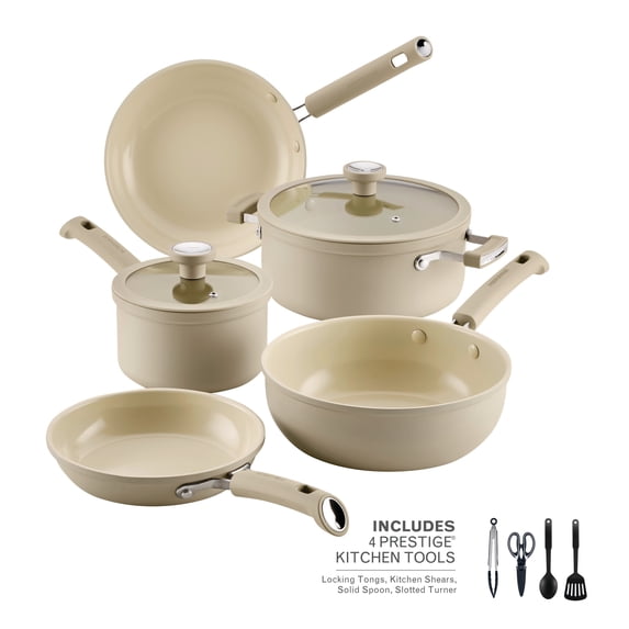 Farberware TrueCook 12pc Ceramic Cookware Set, Dishwasher and Oven Safe, Taupe