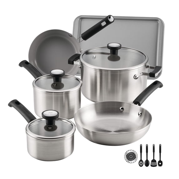 Farberware TrueCook Stainless Steel 14 Pcs Cookware Set, Dishwasher Safe, Metal Utensil and Induction Safe, Stainless Steel