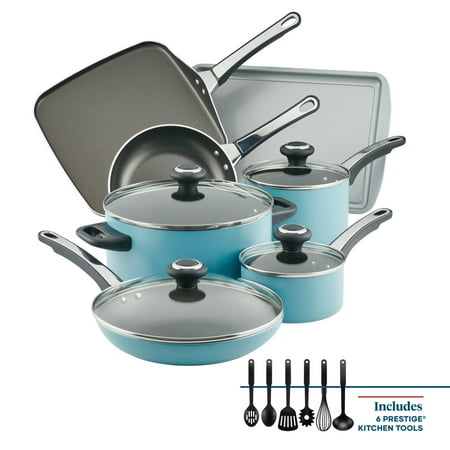 Farberware High Performance 17 Pcs Nonstick Cookware Set Includes Griddle Pan, Baking Pan, and Cooking Tools, Dishwasher Safe, Aqua