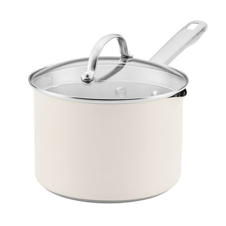 Farberware Luster 3 Quart Stainless Steel Straining Saucepan with Pouring Spout and Lid, Induction Compatible, Dishwasher Safe, Metal Utensil Safe , Oven Safe to 500°F, White