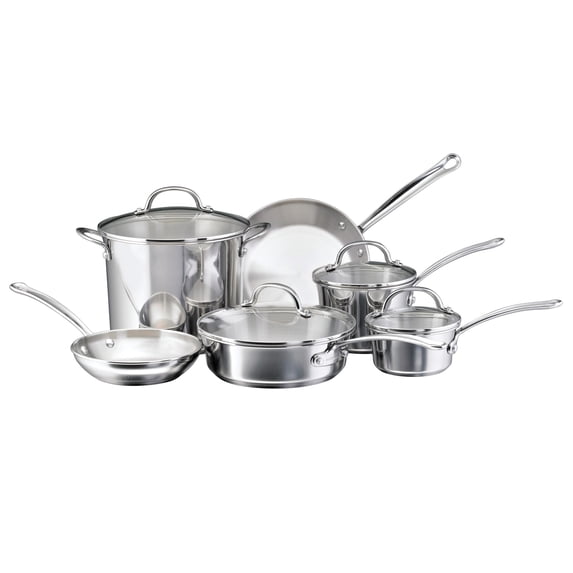 Farberware Millennium 10 Pcs Stainless Steel Cookware Set with Glass Lids, Induction Compatible, Metal Utensil Safe, Dishwasher Safe and Oven Safe to 500°F, Stainless Steel