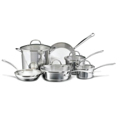 Farberware Millennium 10 Pcs Stainless Steel Cookware Set with Glass Lids, Induction Compatible, Metal Utensil Safe, Dishwasher Safe and Oven Safe to 500°F, Stainless Steel