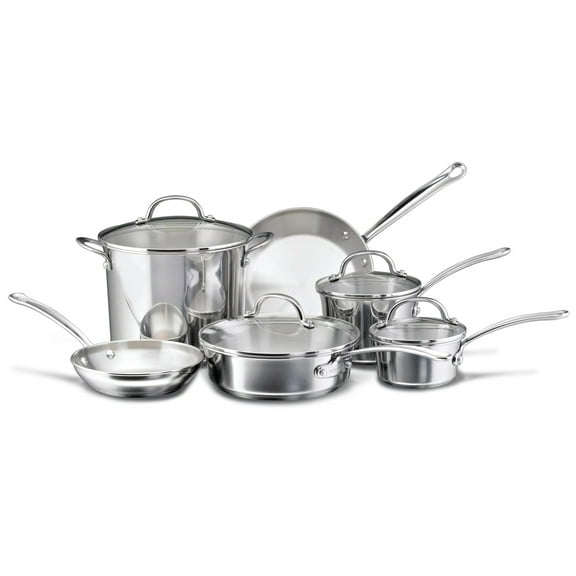 Farberware Millennium 10 Pcs Stainless Steel Cookware Set with Glass Lids, Induction Compatible, Metal Utensil Safe, Dishwasher Safe and Oven Safe to 500F, Stainless Steel