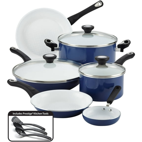 Farberware PURECOOK 12 Piece Ceramic Nonstick Pots and Pans Set, Blue