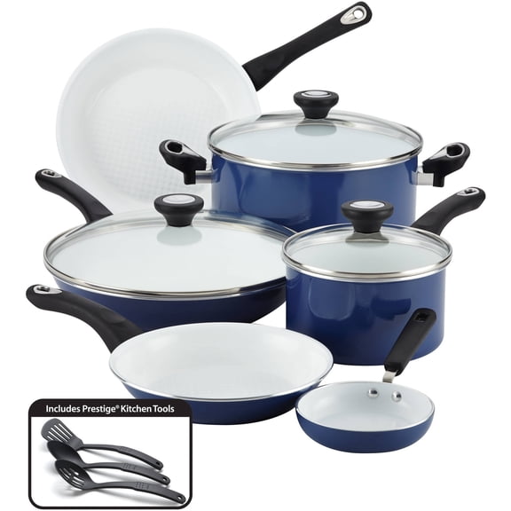 Farberware PURECOOK Ceramic Nonstick Cookware Set with Cooking Tools, 12-Piece, Dishwasher Safe, Blue