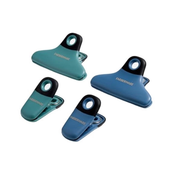 Farberware Pro 4-Piece Bag Clip Set (Blue & Green) - Durable Magnetic Clips for Kitchen Essentials, Pantry Accessories, Food Storage, Office Notes, Coupons, Home Organization