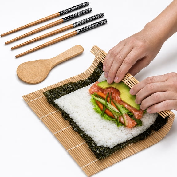 Farberware Pro Sushi Making Kit, 6-Piece Bamboo Set - Rolling Mat, Rice Paddle & Chopsticks Included - Japanese Style Home Sushi Maker Tool for Beginners & Kitchen Enthusiasts